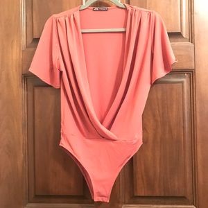 Zara Women’s Deep V Coral Pink Onesie Bodysuit M